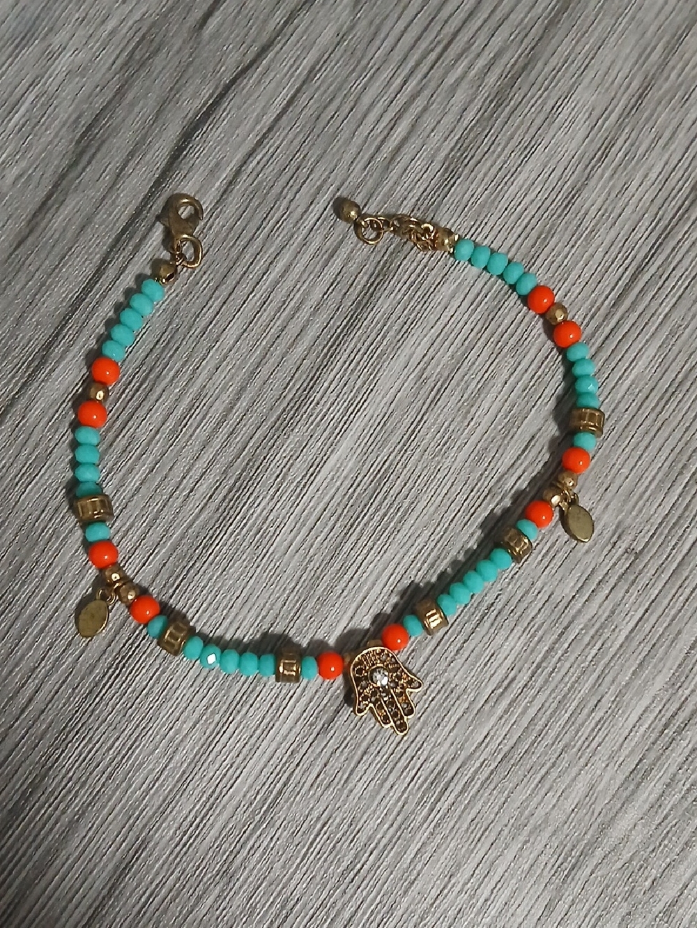 Gold Hamsa Beaded Ankle Bracelet in Turquoise & Orange 9" With Adjustable Clasp.